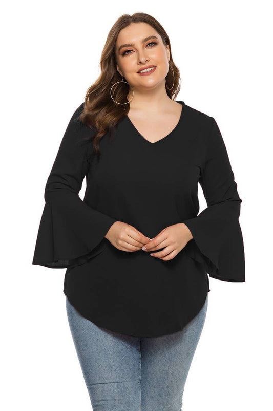 CWTBLL1403_PLUS SIZE ROUND NECK RUFFLE SLEEVE LOOSE TOP