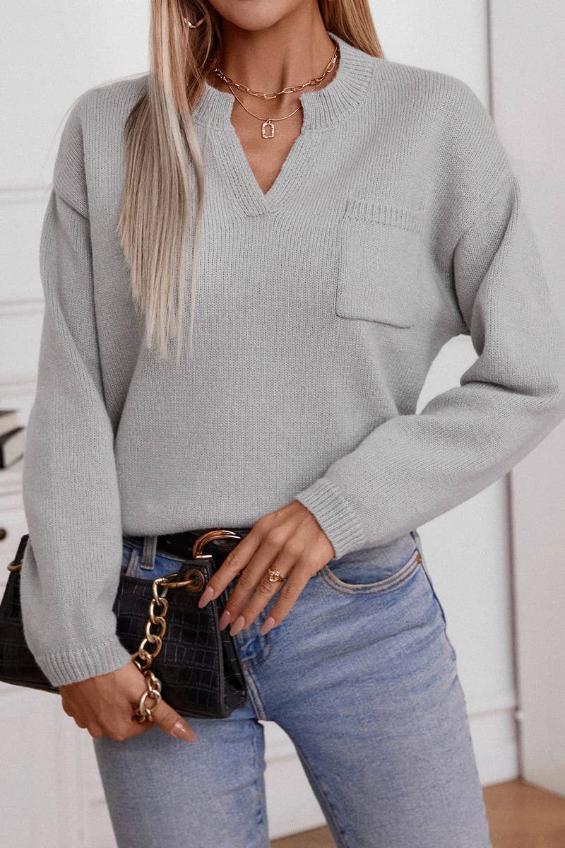 CWOSWL6942_SOLID POCKET LOOSE FIT V-NECK KNIT SWEATER