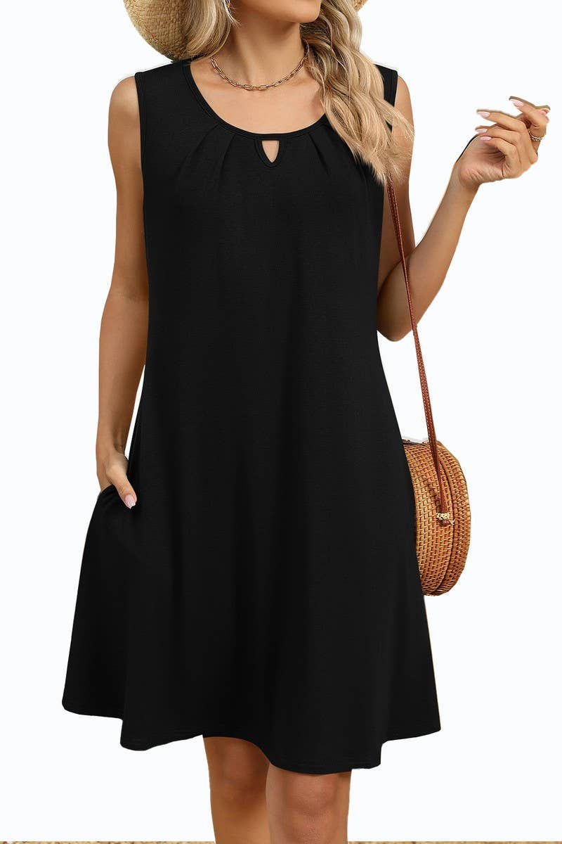 CWDSD8718_SOLID V-NECK RUCHED POCKET SLEEVELESS DRESS