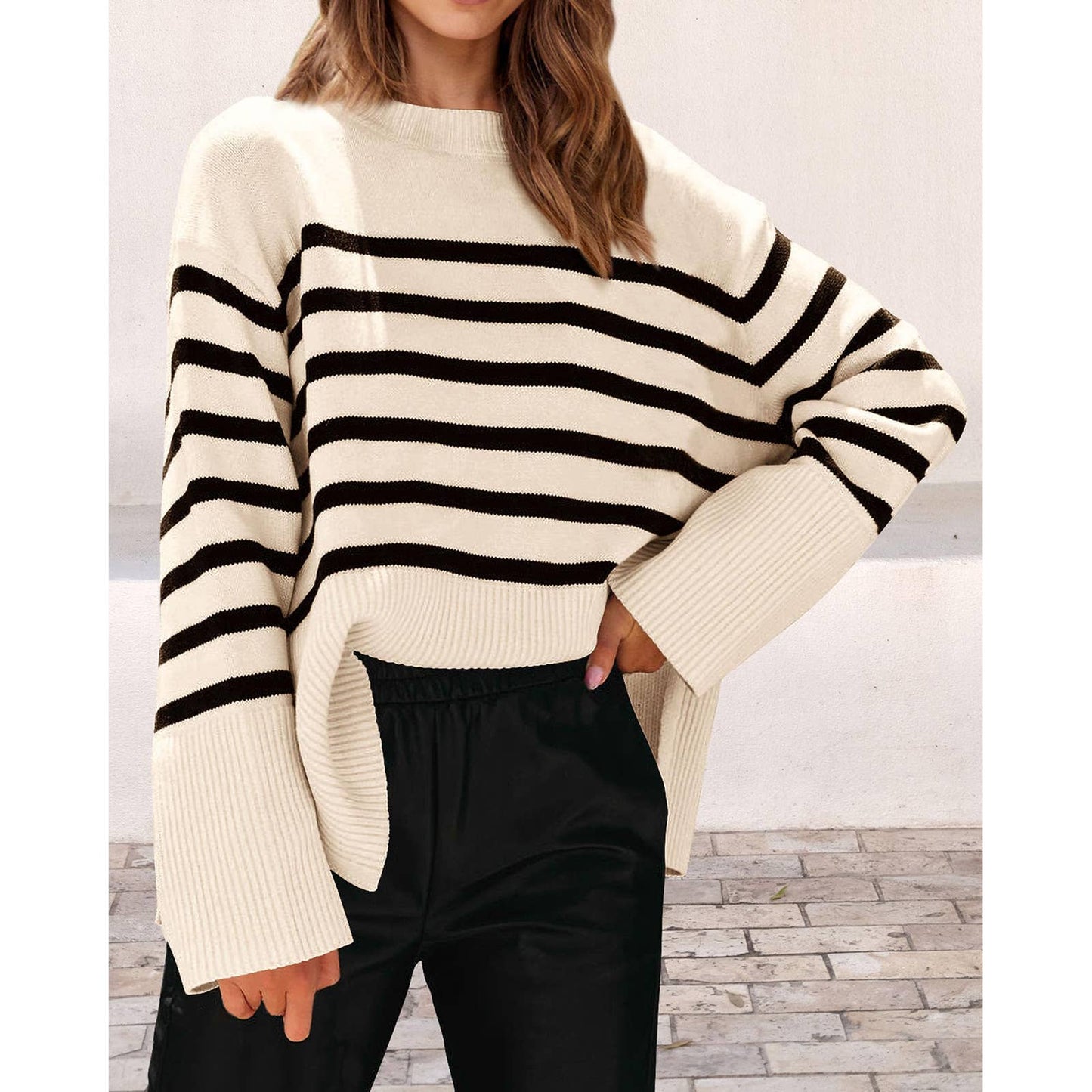 Crew-neck loose striped sweater with fat sleeves