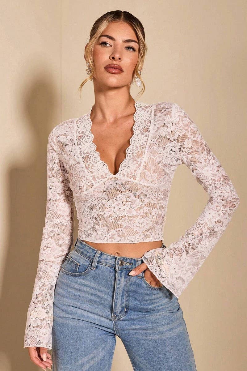 CWTBLL3483_TRANSPARENT LACE V-NECK FLARED LONG SLEEVE TOP