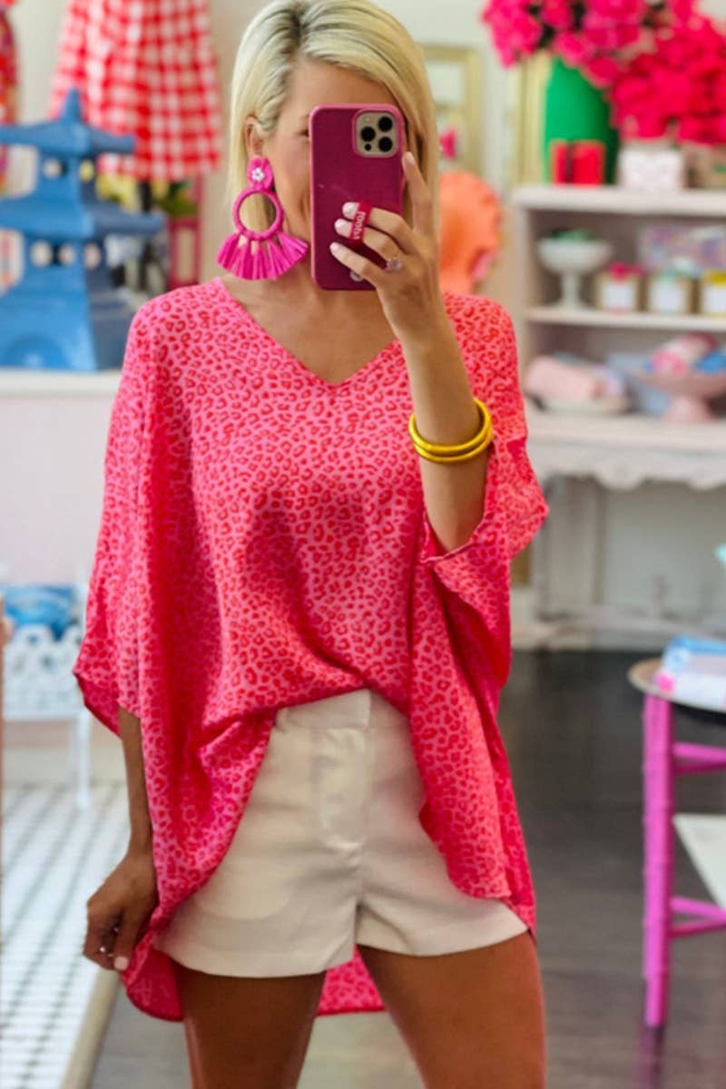 CWTBLS1406_CHIFFON V-NECK MID-SLEEVE LEOPARD PRINT TOP