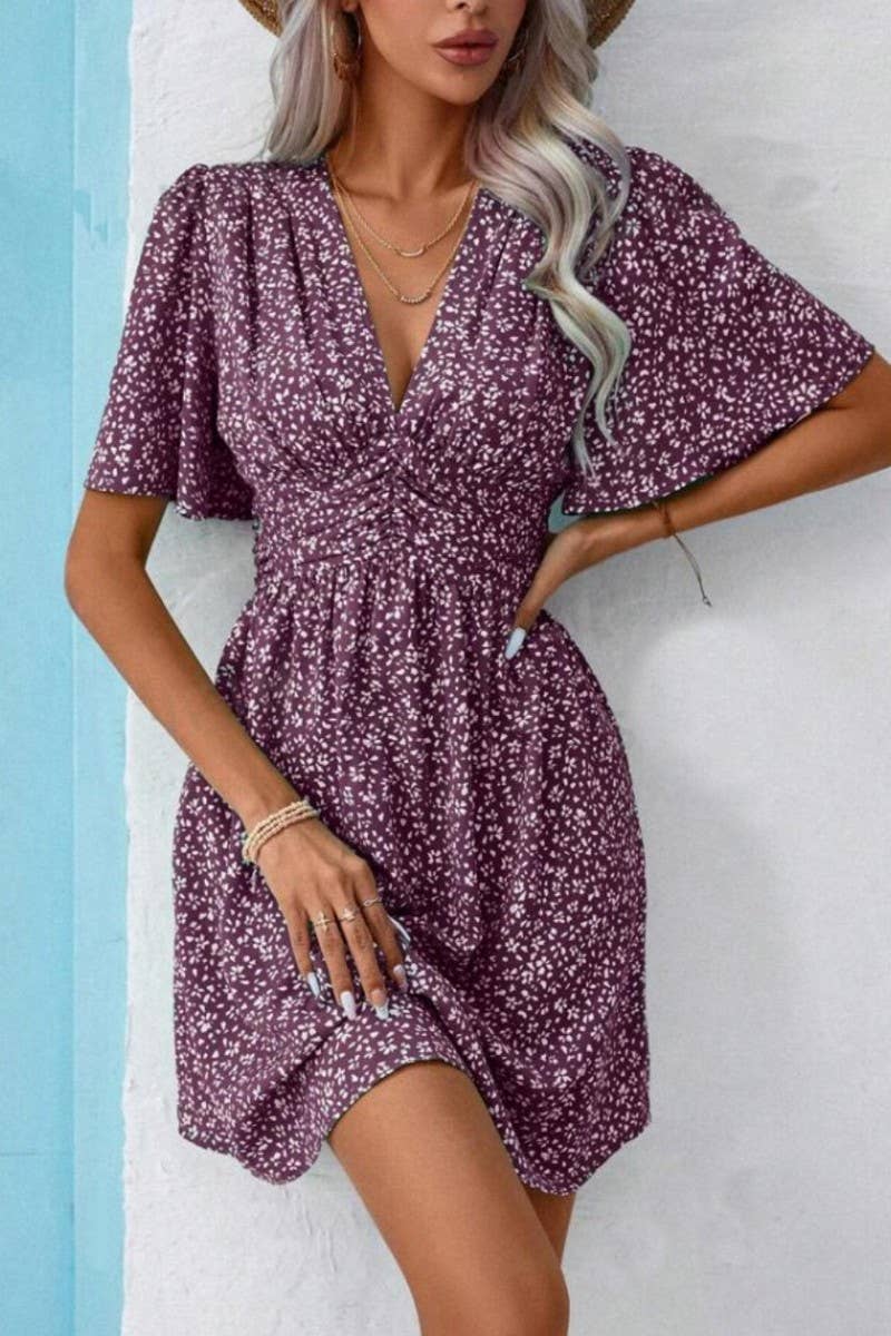 CWDSD8398_DEEP V RUFFLE SLEEVE FLORAL RUCHED VACATION DRESS