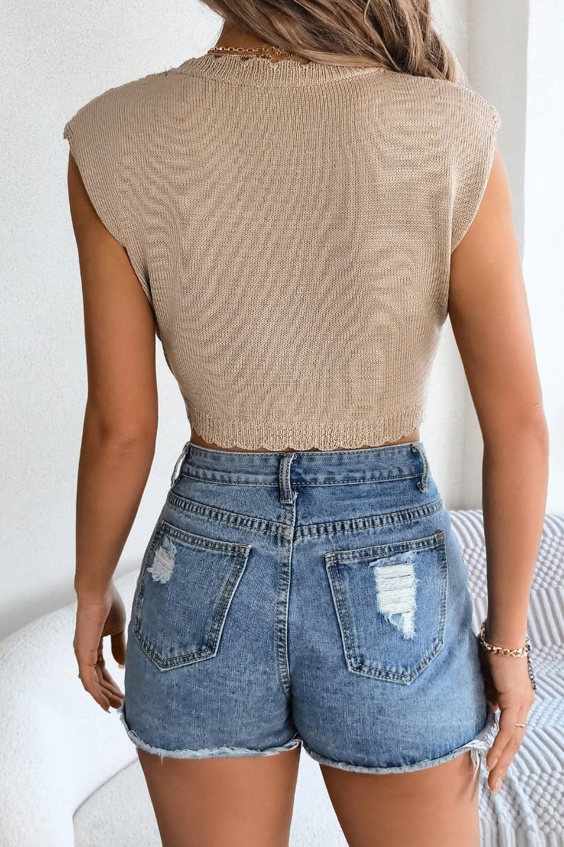 CWOV0298_SUMMER KNIT CUT-OUT SLEEVELESS CROP VEST TOP