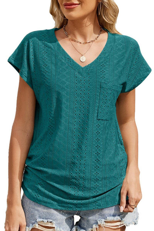 CWTBLS1730_SOLID COLOR V-NECK POCKET SHORT-SLEEVED TOP