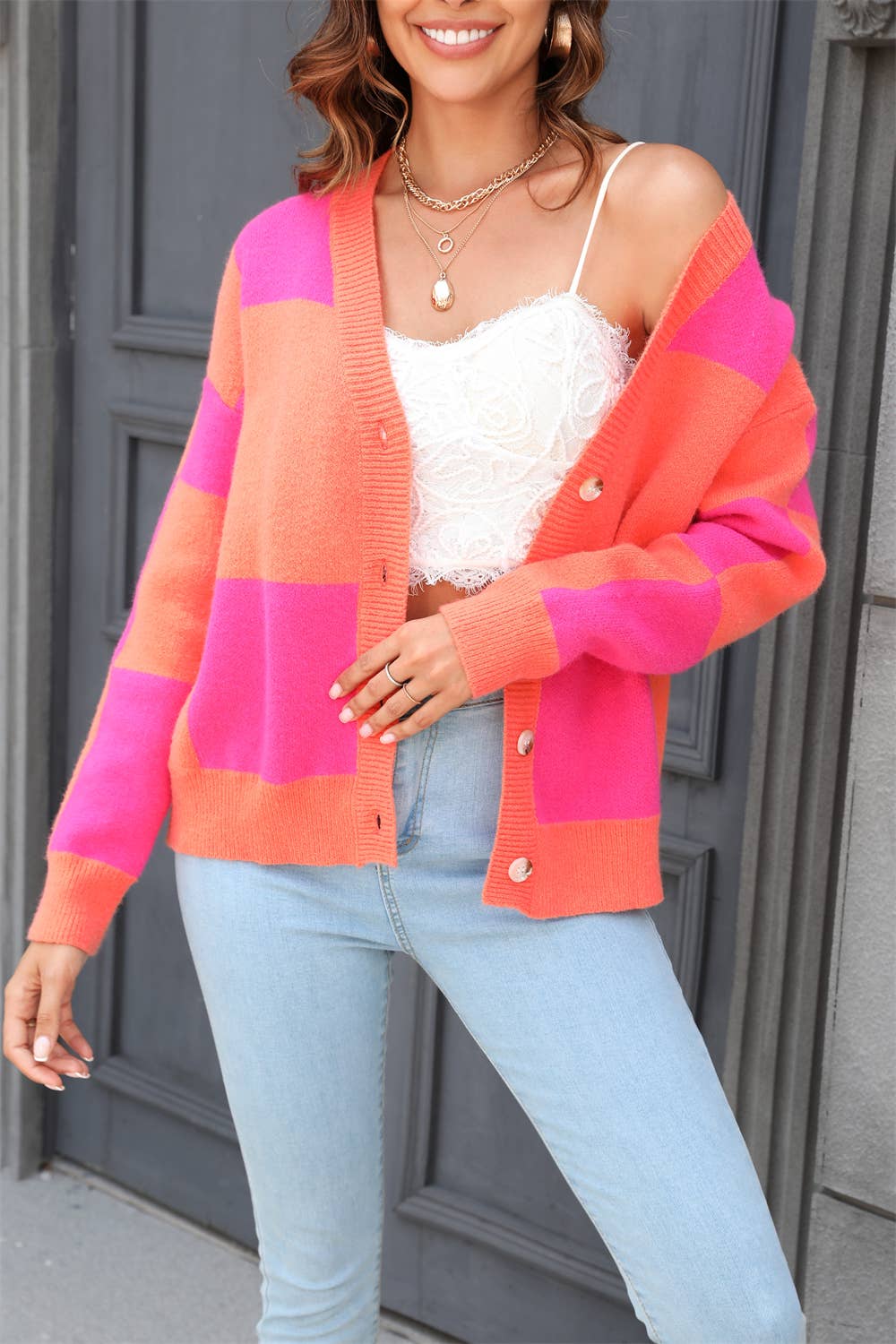 CARDIGAN SWEATER PLAID PATCHWORK KNIT COAT