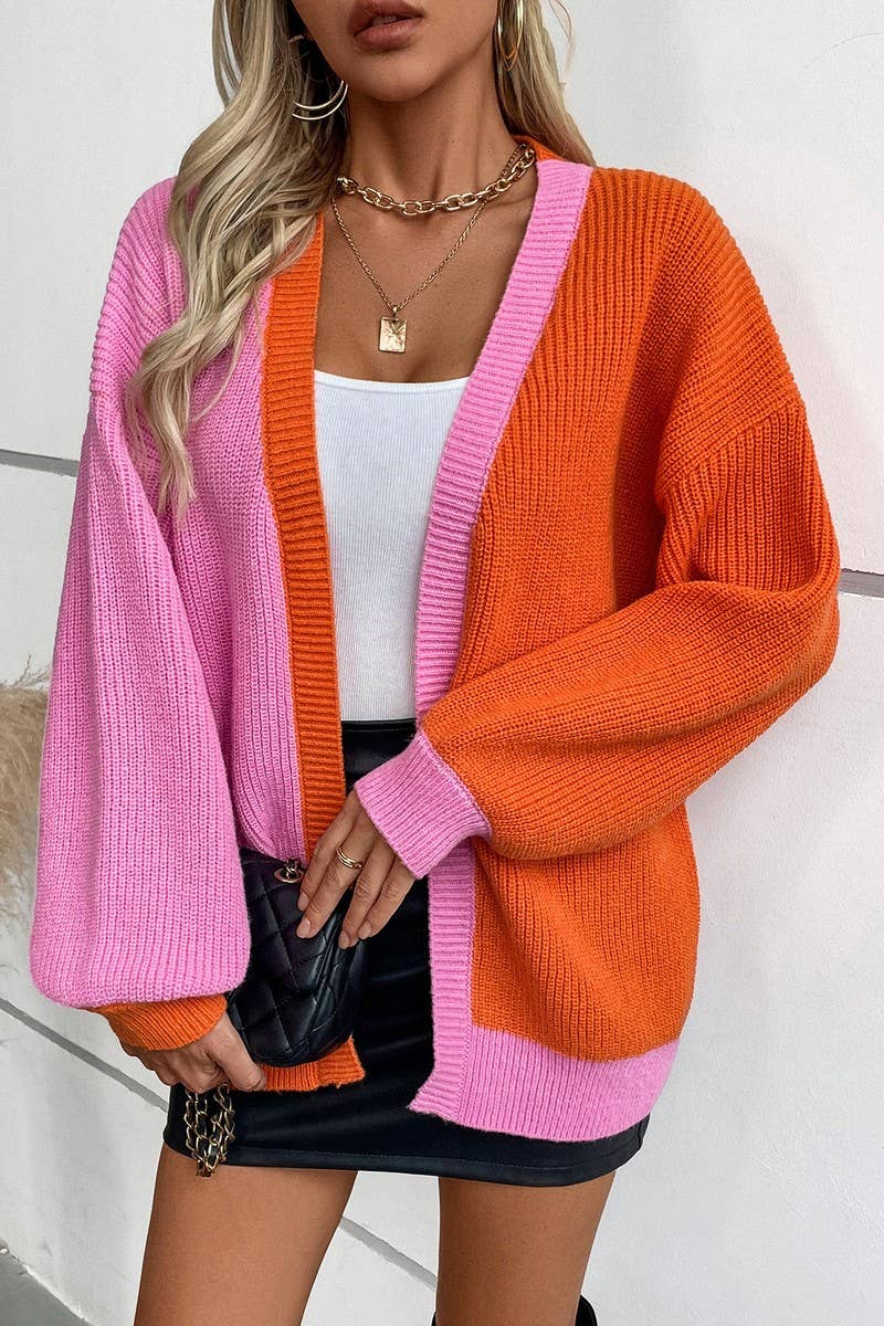 CWOCAL0841_COLORBLOCK CASUAL LONG SLEEVE KNIT CARDIGAN