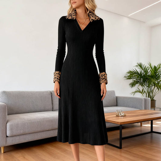 Elegant form-fitting V-neck leopard print dress