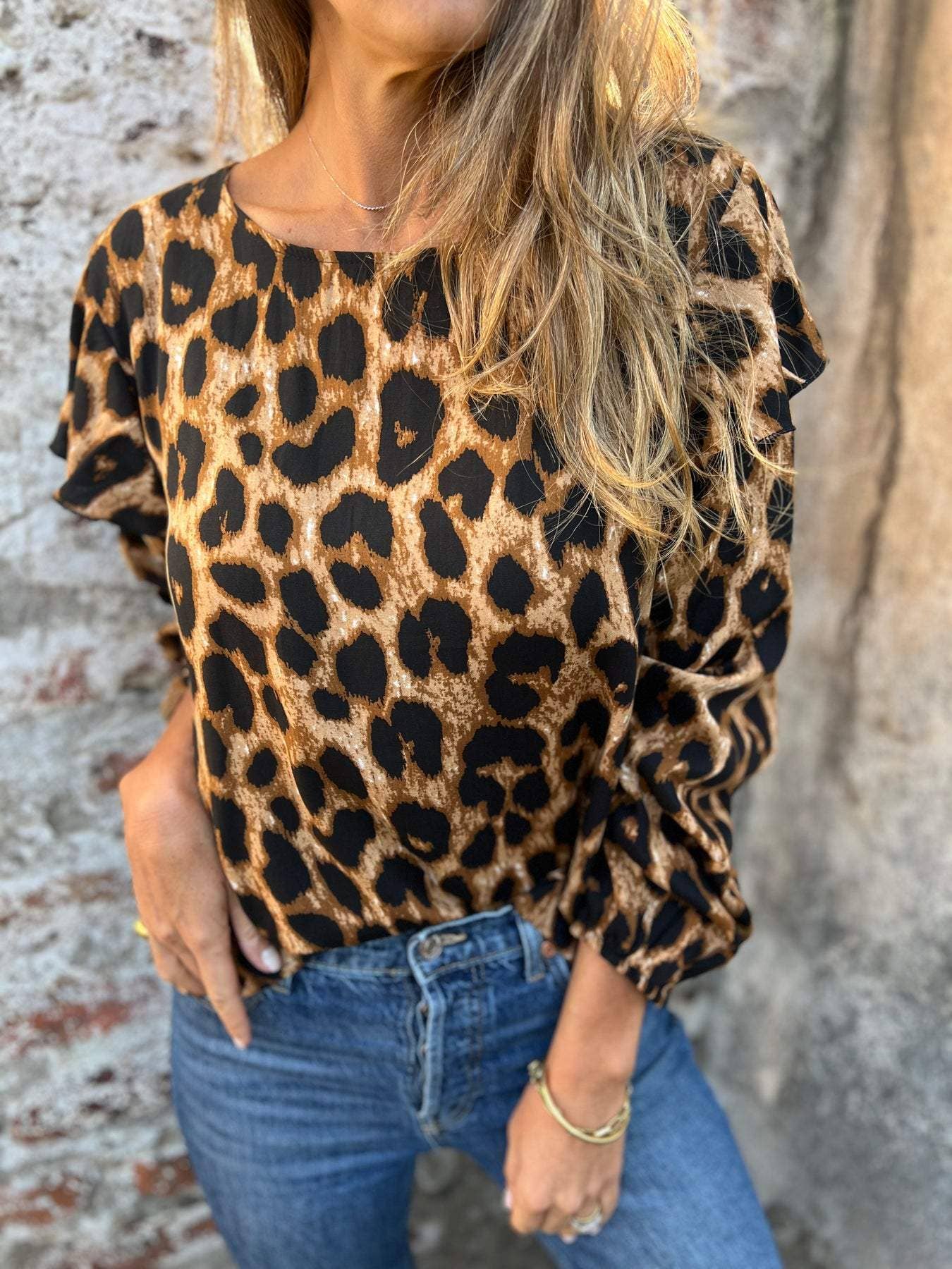 CHIFFON LEOPARD PRINT LONG-SLEEVED LOOSE T-SHIRT