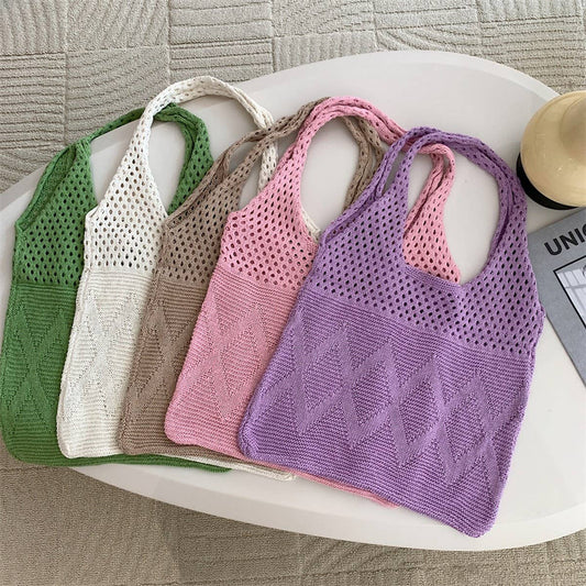 CWAB5788_SOLID COLOR DIAMOND HOLLOW KNITTED UNDERARM BAG