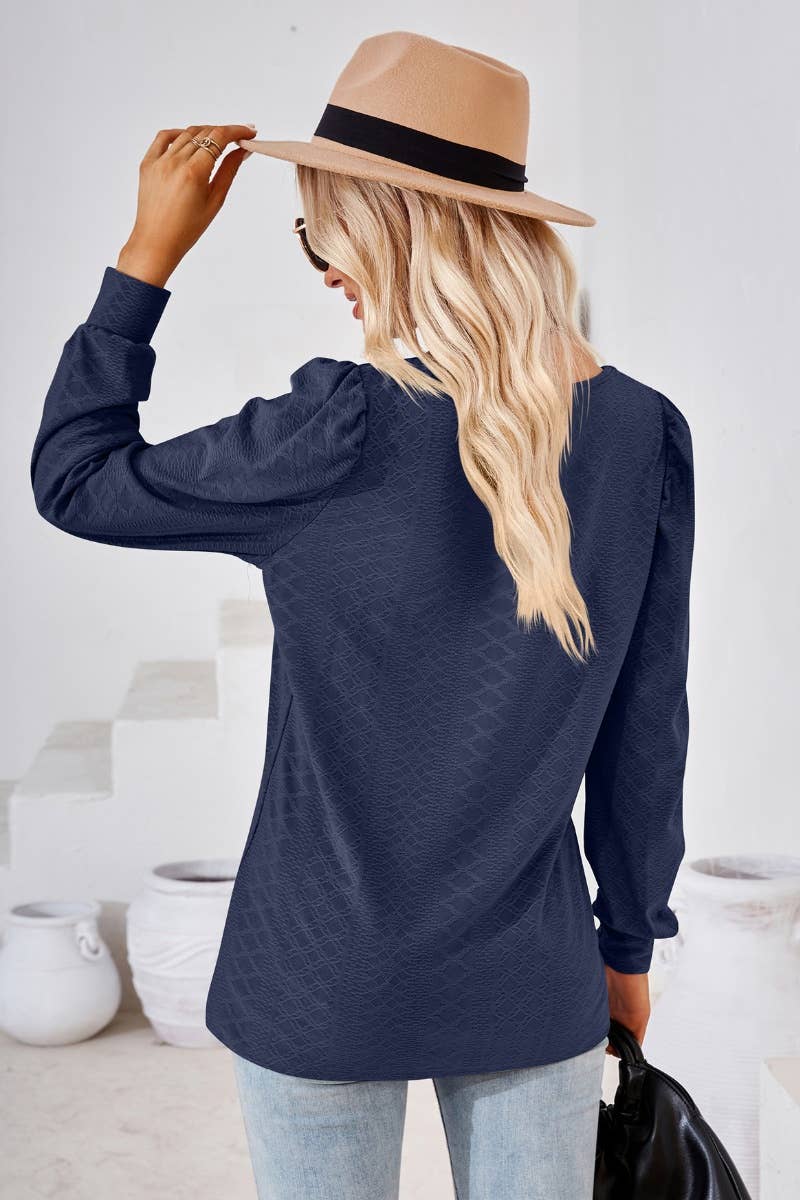 CWTBLL2798_AUTUMN SQUARE NECK JACQUARD LONG-SLEEVED TOP