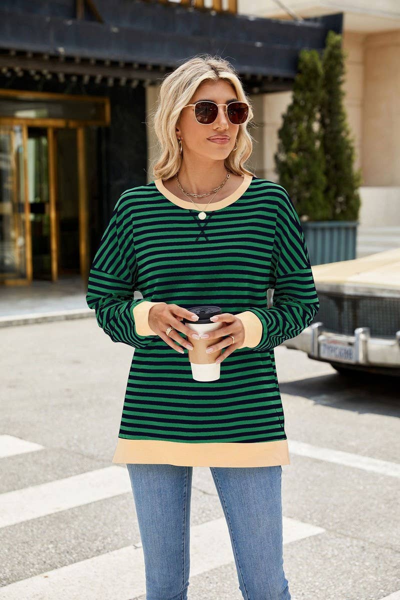 CWTBLL3746_CONTRAST COLOR SLIT LOOSE STRIPED SWEATSHIRT