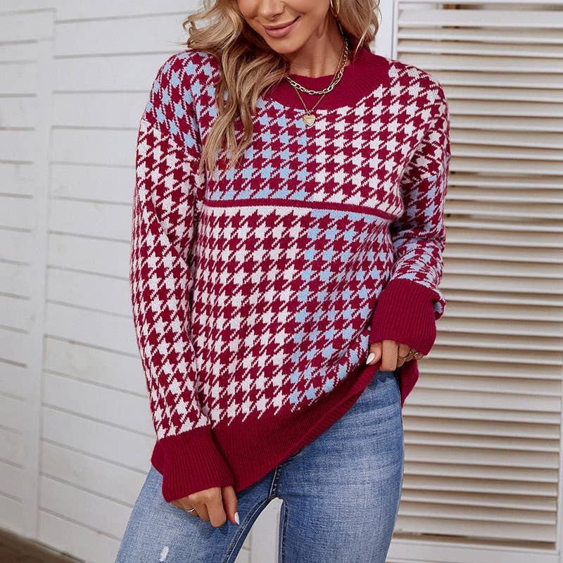 CONTRASTING COLOR PLAID FASHION PULLOVER SWEATER