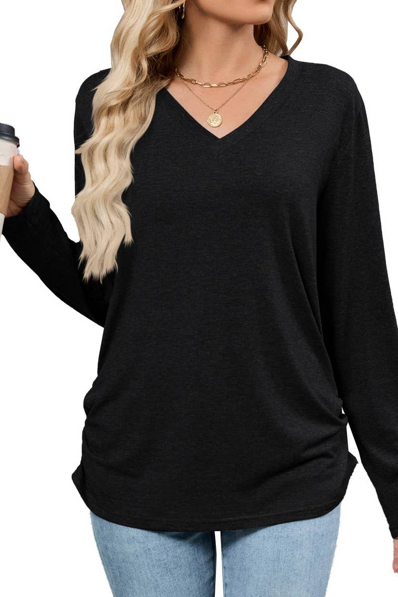 CWTBLL4019_SOLID V-NECK LOOSE FIT LONG SLEEVE T-SHIRT