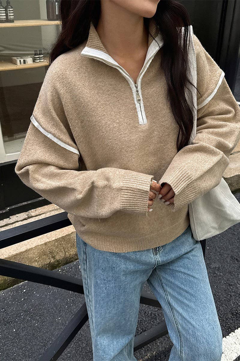 CWOSWL07487_CASUAL SIMPLE SOLID LONG SLEEVE ZIP SWEATER