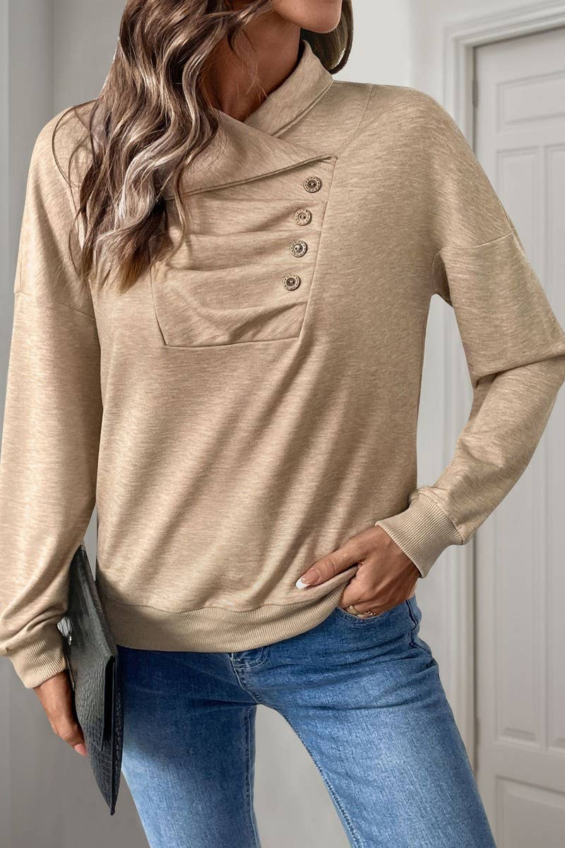 CWTBLL2299_SOLID COLOR PLEATED BUTTON STAND SWEATSHIRT