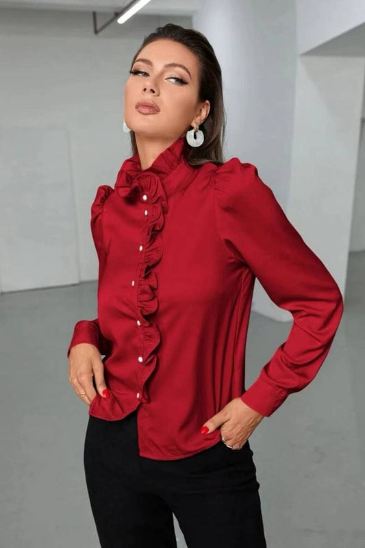CWTBLS2041_SOLID COLOR RUFFLED LONG SLEEVE BLOUSE