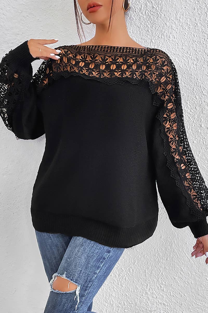CWOSWL6726_CUT-OUT LACE LACE PATCHWORK LONG-SLEEVED SWEATER