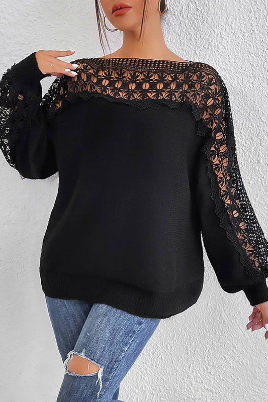 CWOSWL6726_CUT-OUT LACE LACE PATCHWORK LONG-SLEEVED SWEATER
