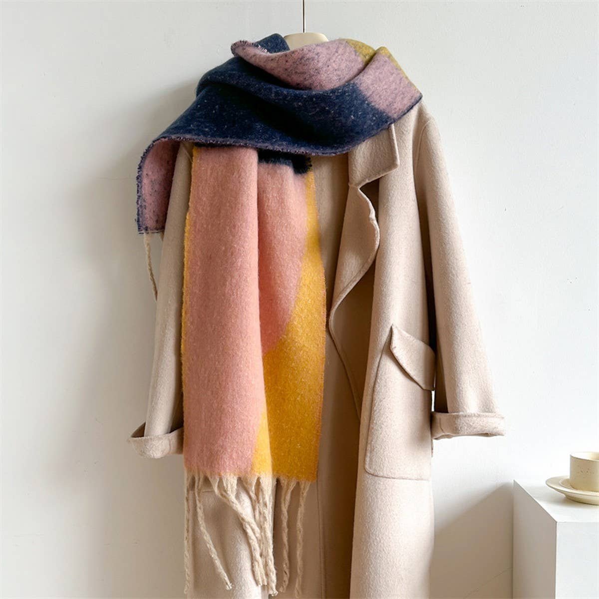 Geometric Fringe Wool Scarf,Thick Colorblock Shawl