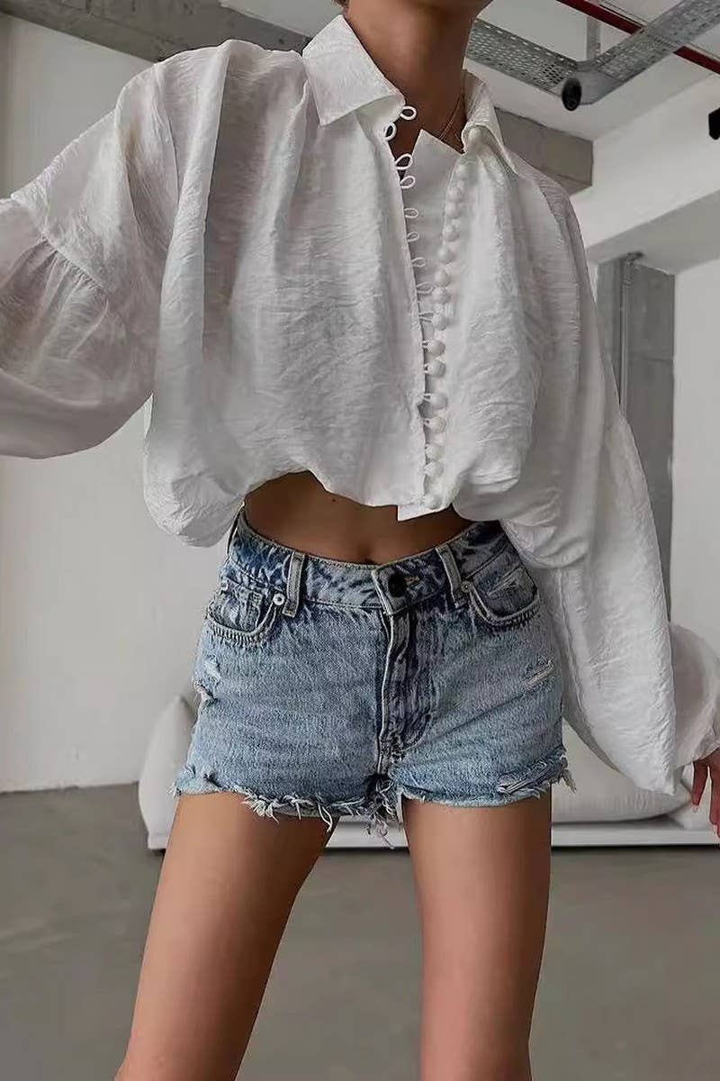 CWTBLL2918_SOLID COLOR LAPEL PUFF SLEEVE SHIRT TOP