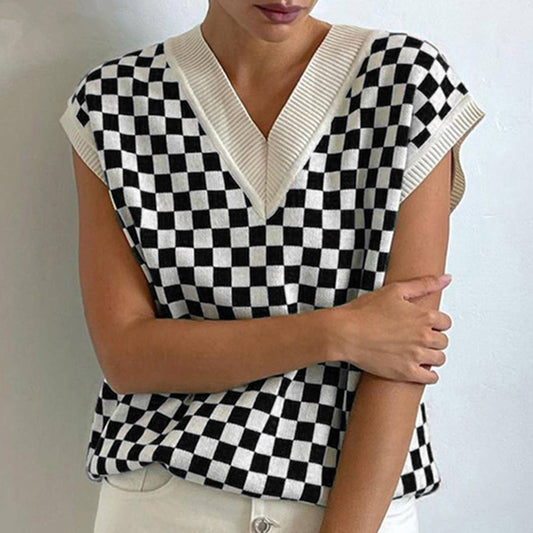 COLOR CONTRAST PLAID TEMPERAMENT V-NECK WOOL VEST