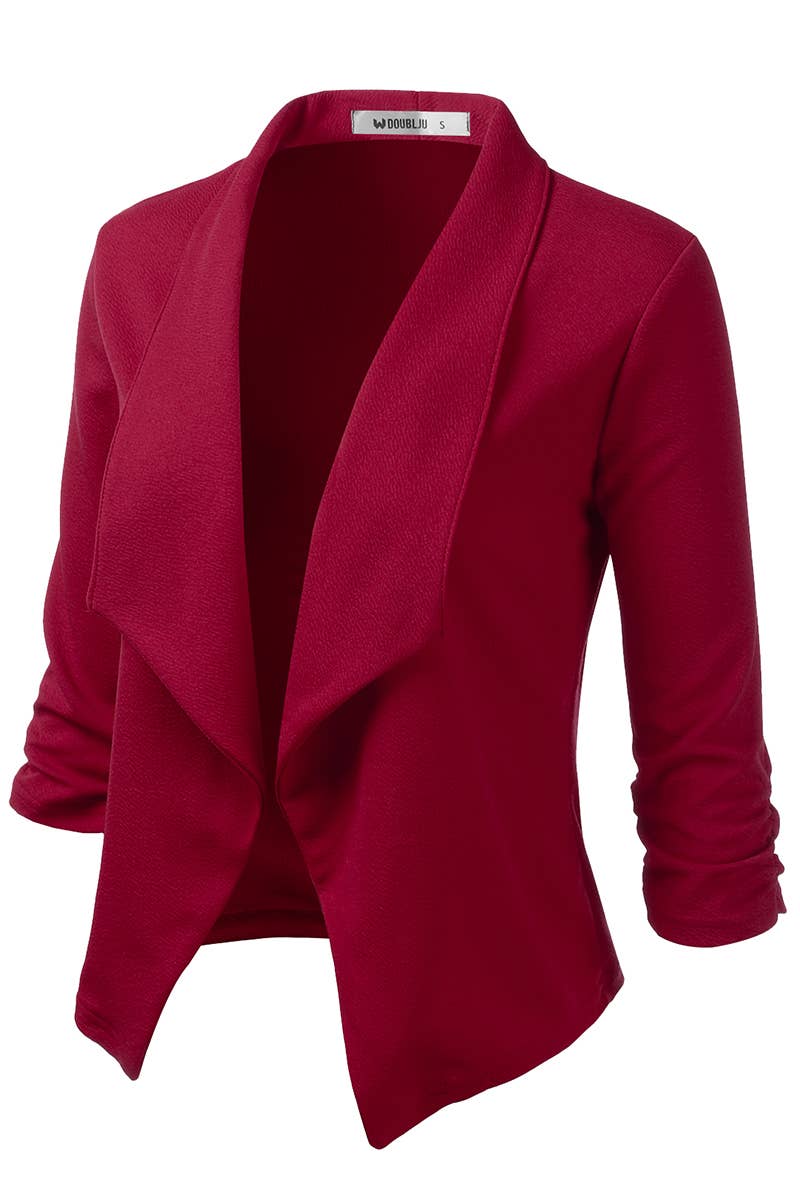 CWOBL091_Casual Work Ruched 3/4 Slv Open Front Blazer Jacket
