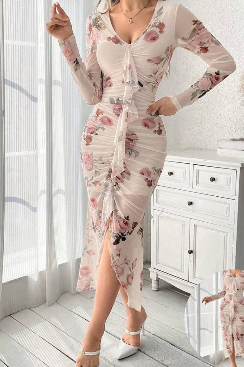 CWDMD01225_MESH V NECK RUCHED SPLIT PENCIL DRESS