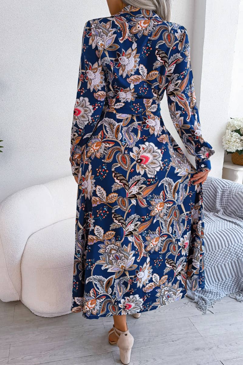 CWDMD2651_VINTAGE FLORAL LAPEL LACE-UP SHIRT LONG DRESS