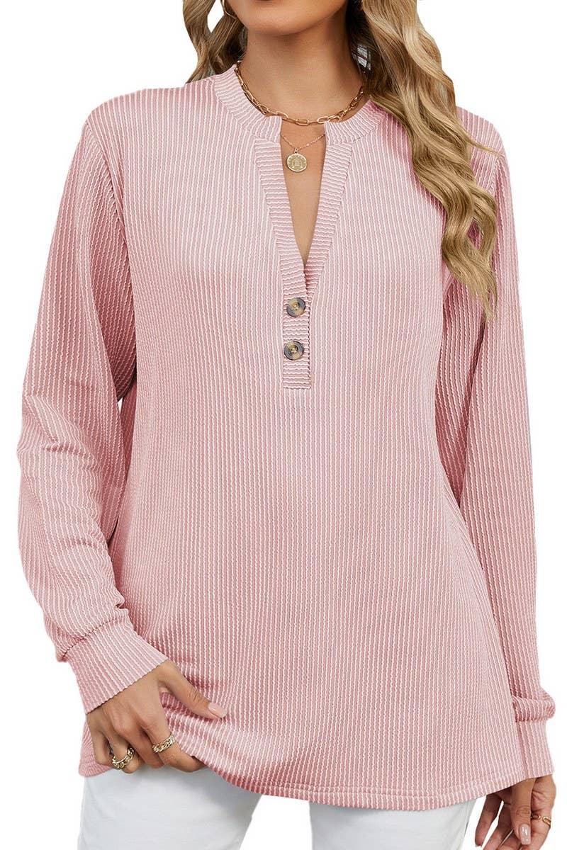 CWTBLL3675_V-NECK BUTTON-DOWN STRIPED WAVY CASUAL TOP