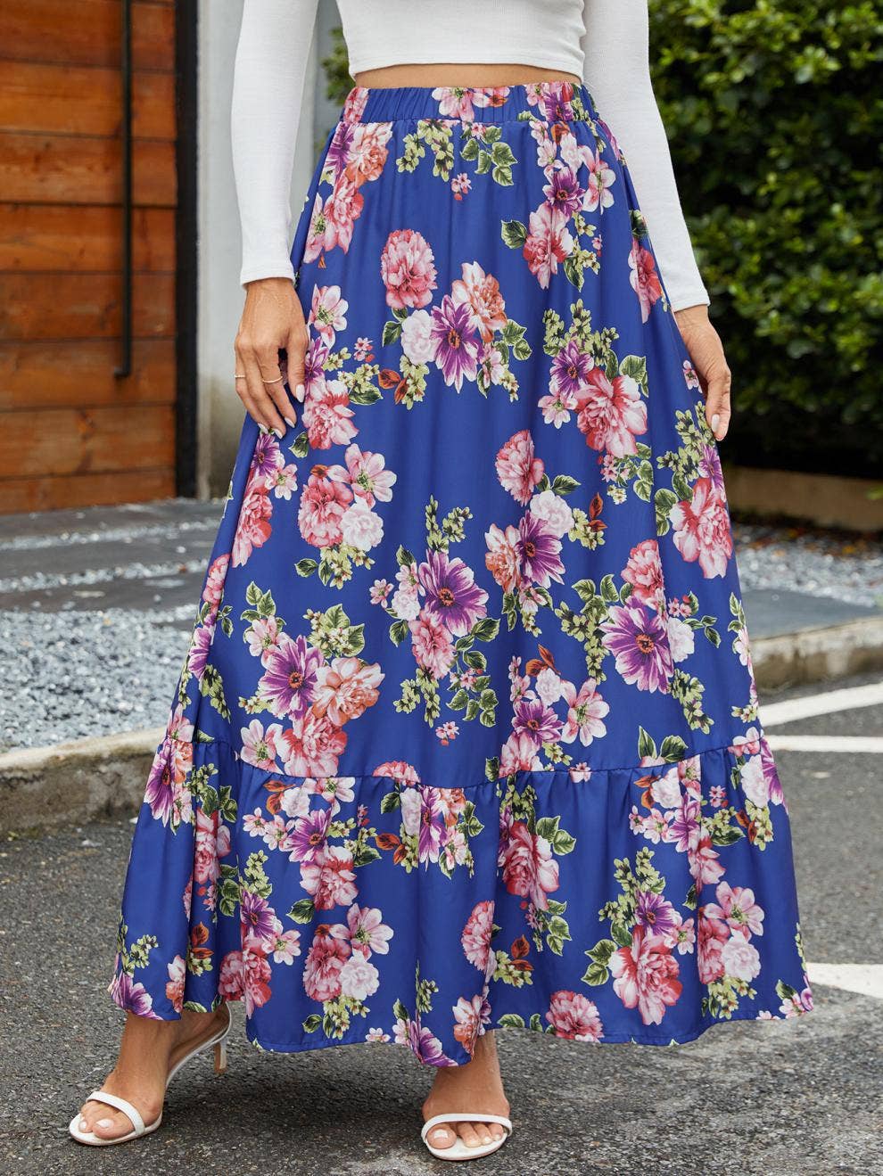 A long skirt with a high waist and ruffled hem