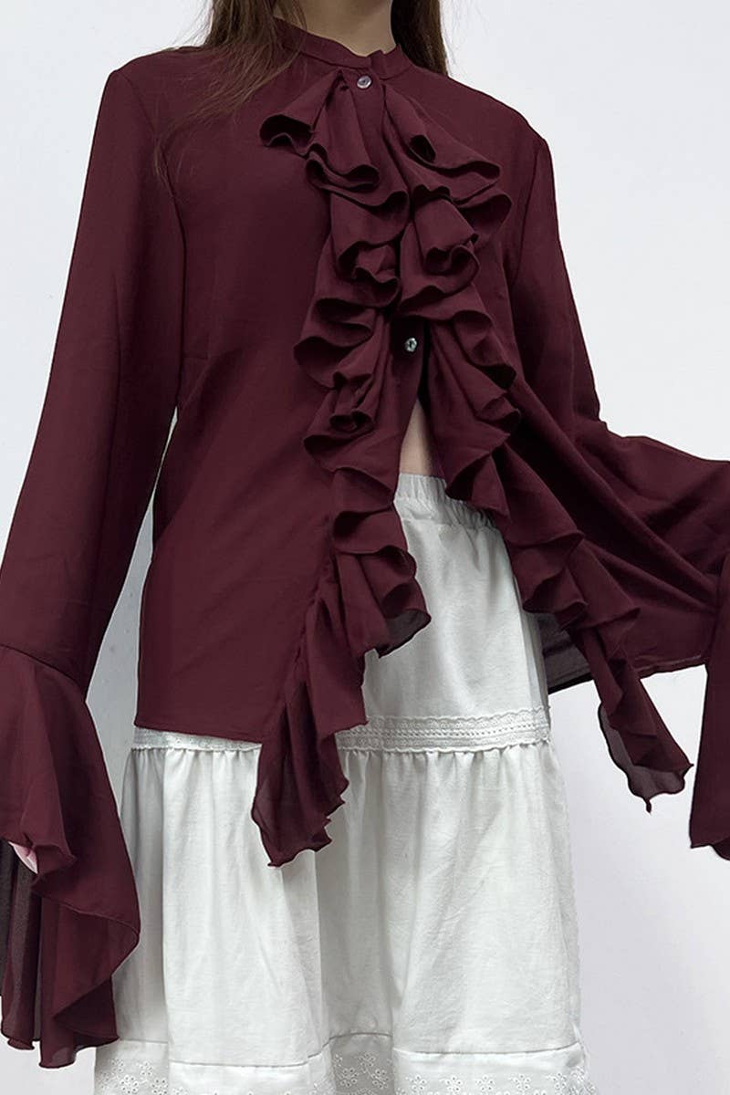 CWTBLL00603_BURGUNDY RUFFLED LONG-SLEEVED SHIRT