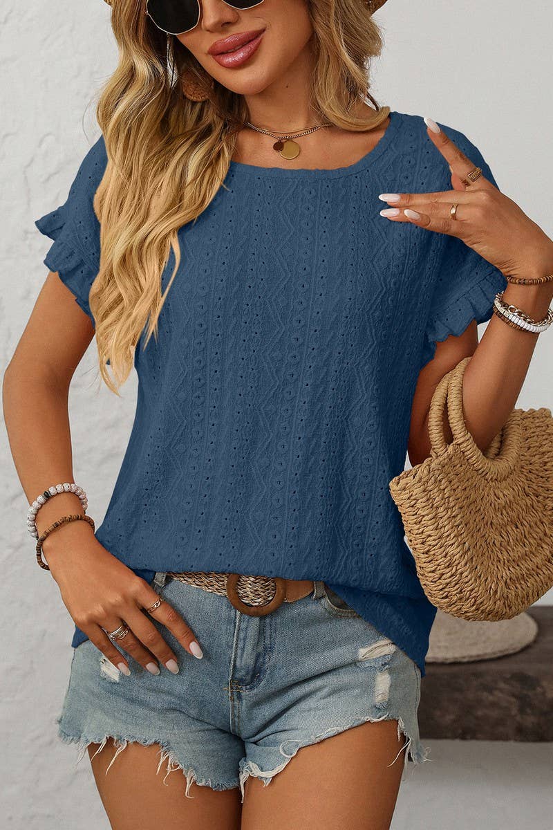 CWTBLS1710_SOLID COLOR ROUND NECK SHORT SLEEVE HOLLOW TOP