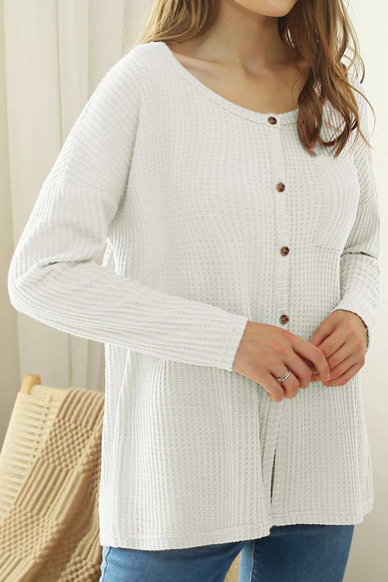 CWTSTL449-P_BUTTON BRUSHED R NECK WAFFLE TOP