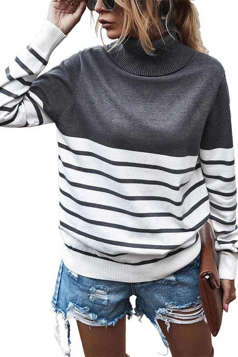CWOSWL3464_TURTLENECK STRIPED COLORBLOCK KNIT SWEATER