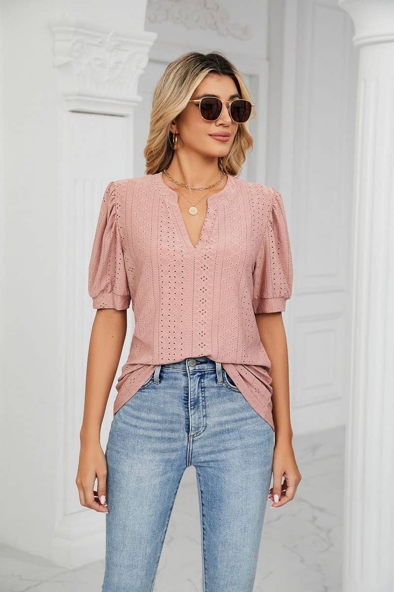 CWTSTS0358_V-Neck Short Sleeve Knit Top