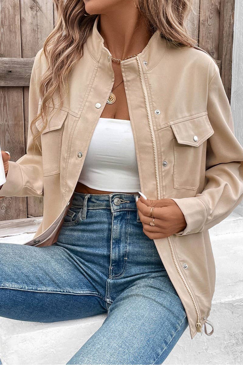 CWOJA1722_WOMEN'S CASUAL STAND COLLAR SOLID COLOR JACKET