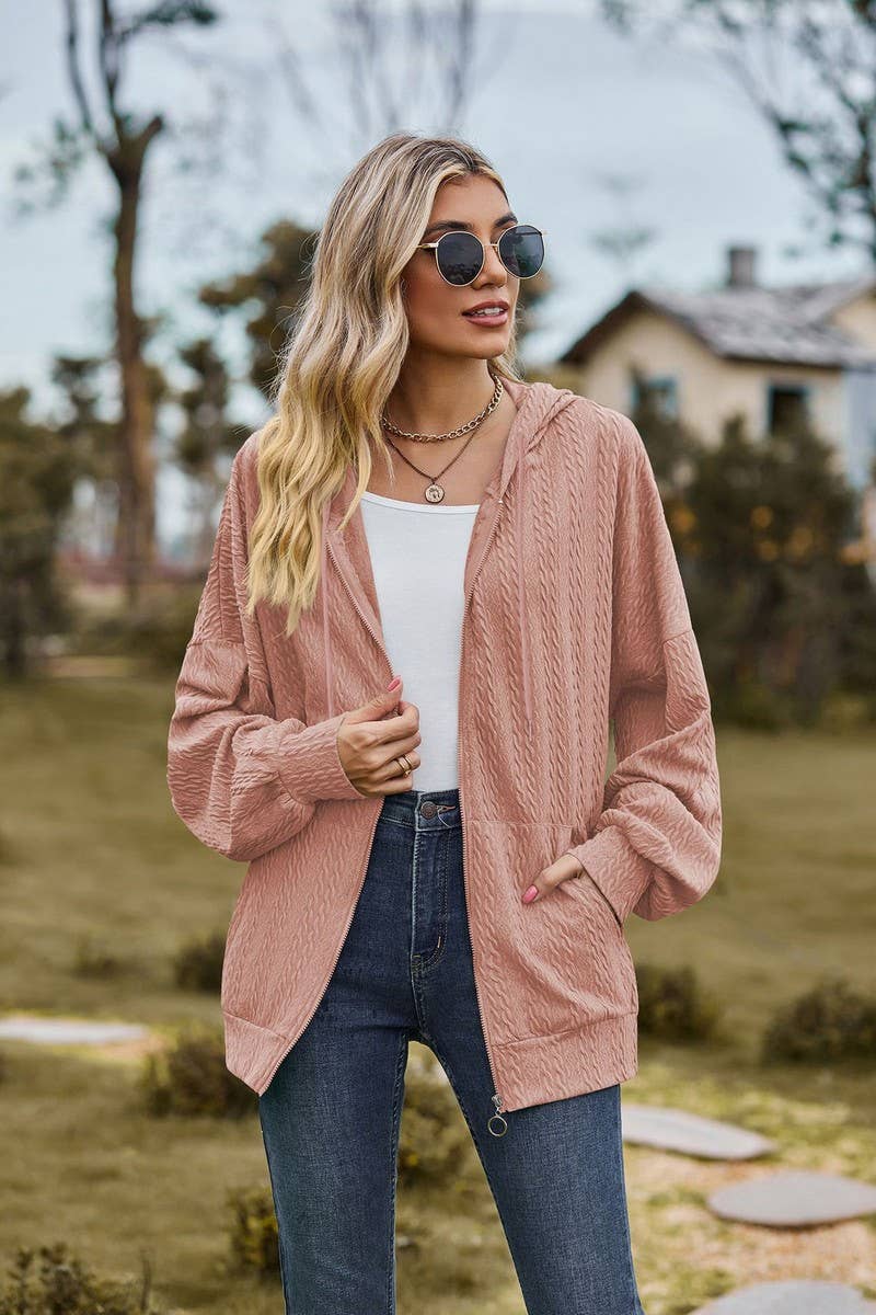 CWOCO0489_SOLID COLOR ZIPPERED MID-LENGTH HOODED COATS