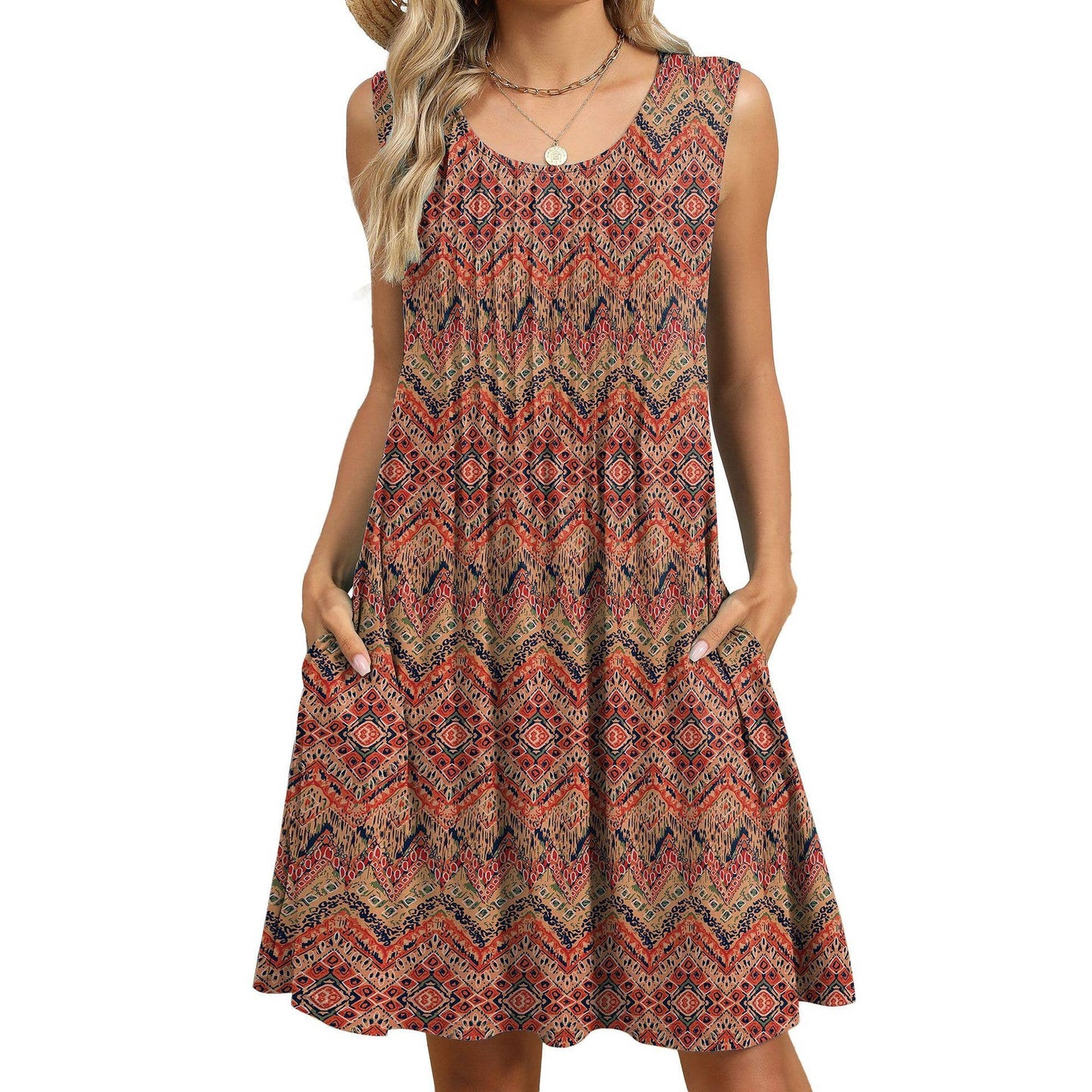 Crew-neck loose print tank top dress with pockets