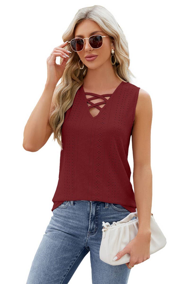CWTBLSL0098_V-Neck String Detailed Sleeveless Top
