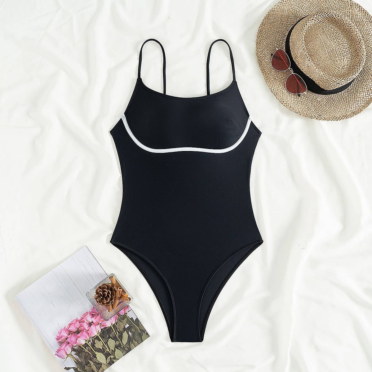 WOMEN'S SOLID COLOR SPLICING ONE-PIECE SWIMSUIT
