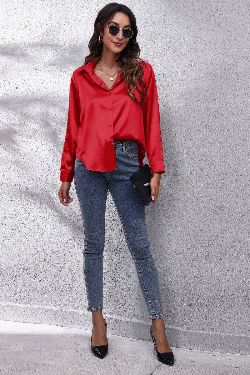 CWTBLL0691_Button Down Silky Satin Long Sleeve Top