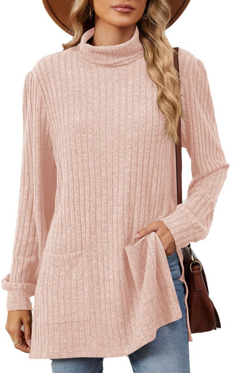 CWTBLL2363_SOLID COLOR HALF TURTLENECK SLIT POCKET TOP