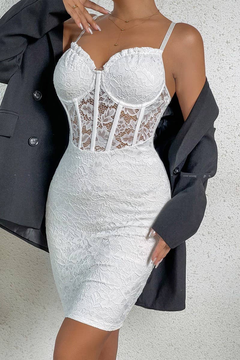 CWDSD7205_V LOW-CUT HIP-HUGGING HOLLOW LACE STITCHING DRESS