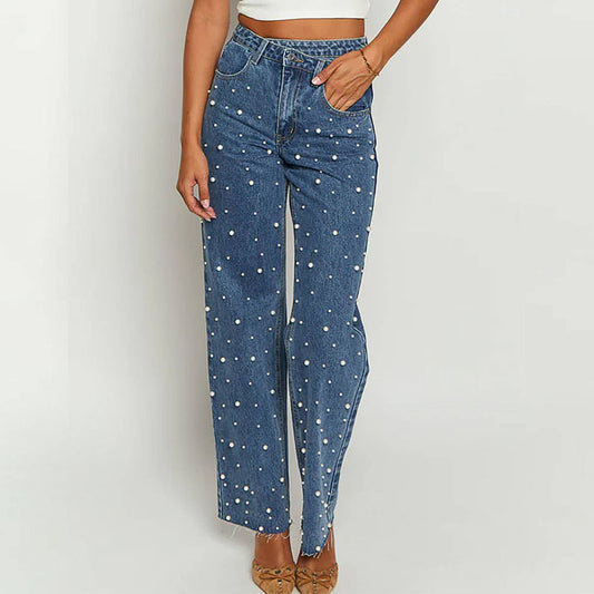 Crossbody retro beaded straight-leg denim trousers