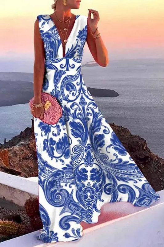 CWDMD5428_ELEGANT FLORAL DEEP-V FRENCH STYLE MIDI DRESS