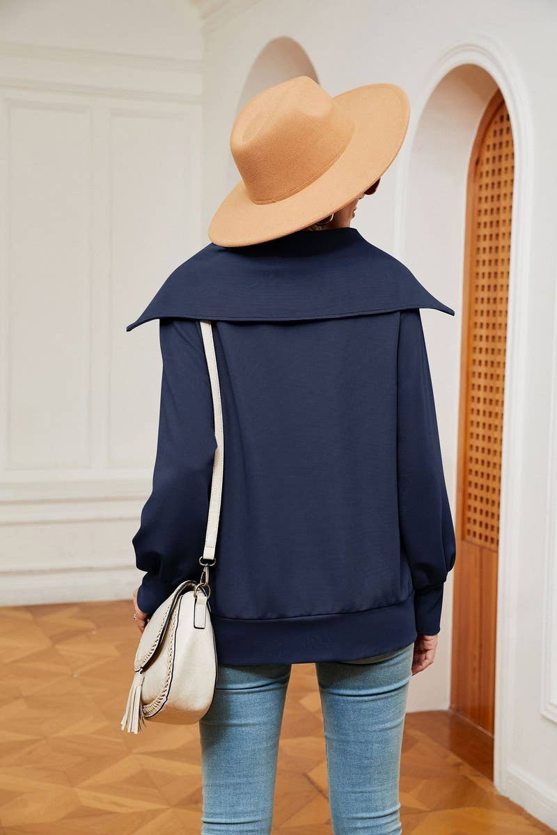 CWTBLL2400_SOLID COLOR ZIPPER LAPEL LOOSE SHAWL SWEATSHIRT