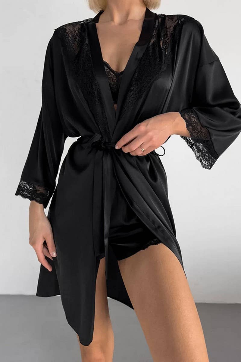 CWSPJ0401_SATIN LACE CARDIGAN TIE LONG SLEEVE NIGHTGOWN