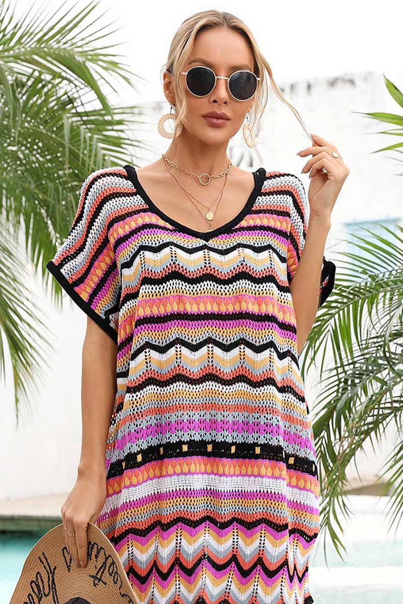 CWTBLS1747_SUMMER COLORFUL HOLLOW BEACH SWIMSUIT COVER UP