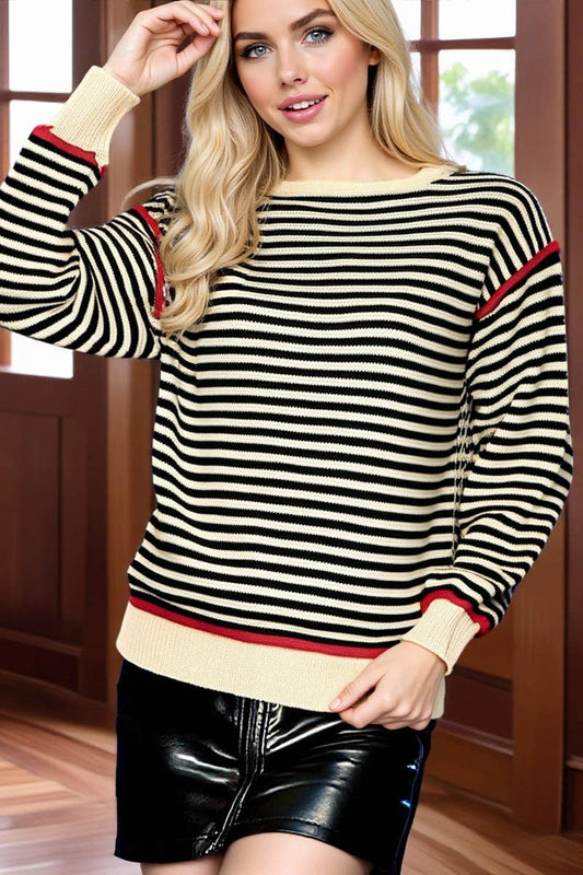 CWOSWL07084_STRIPED KNITTED CREW NECK LOOSE LONG-SLEEVED TOP